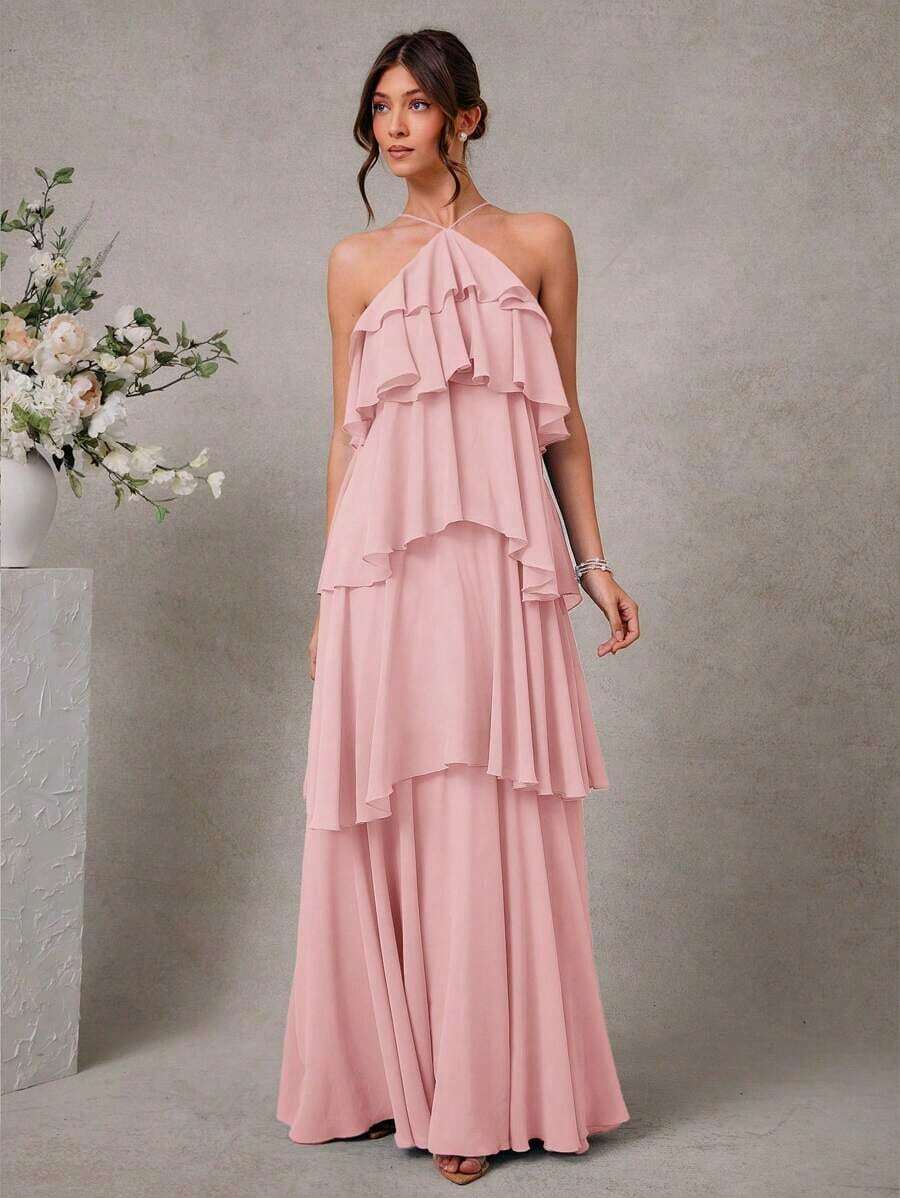 Vestido maxi elegante y romántico para invitada de boda, de gasa con cuello halter y volantes, en un solo color - Rosa - Ver 1