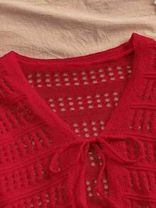 Cárdigan casual de mujer de unicolor con cuello en V y lazo delantero - Rojo - Ver 5