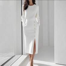 Nuevo 2026 Vestido Mujer Otoño Color Sólido Cuello Redondo Manga Larga Decoración de Botones Con Abertura - Rosa - Ver 3