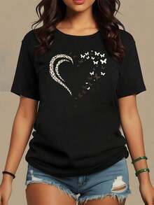 Corazón formado por media luna con estampado animal y mariposas que simbolizan amor y libertad camiseta para mujer 100% algodón suave y cómoda para uso diario,maija mujer. - Negro - Ver 8