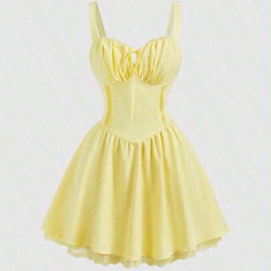 MOD Women's Pink & White Print Lace Trim Cami Strap Mini Dress With Criss-Cross Back, Summer Date Outfit, Valentine Day, Graduation Dresses, Spring/Summer Outfit, Women's Carnival Costume, Holiday Outfits, Floral Dress, Pink Dress, , Cottagecore Dress, Holidays, Birthday, Festival, Tea Party Dress, Picnic Outfit, Wedding Guest Dress For Women, Birthday - Amarillo - Ver 1