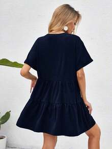 Holidaya Vestido de muñeca con dobladillo de volantes y puños enrollados, atuendo de playa de vacaciones - Azul marino - Ver 2
