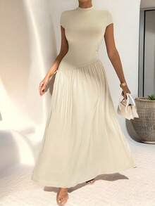 Vestido de línea A de manga corta, de cuello, ajustado, con bajo asimétrico, de uso diario, de estilo minimalista y elegante - Caqui 2 - Ver 1