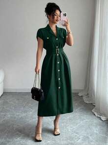 Vestido corto de verano para mujer con botones delanteros y mangas de murciélago - Verde Oscuro - Ver 4