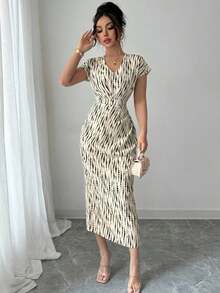 Vestido vintage con estampado floral elegante para ir al trabajo y de vacaciones - Albaricoque - Ver 6