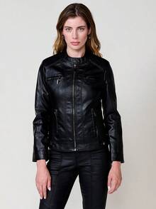 Giacca da motociclista da donna Koroshi in similpelle con collo alla coreana, 100% poliuretano, nera, taglia M. Presenta tasche funzionali, cuciture a vista e polsini regolabili con zip. Un design urbano versatile che aggiunge carattere a qualsiasi outfit casual. - nero - Visualizzare 7