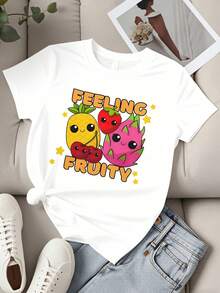 Women's Casual Loose Fit T-Shirt With Kawaii Fruit Print, Pineapple, Strawberry, Dragon Fruit And Cherry Design, Graphic T-Shirt For Everyday Summer Wear - 白色 - 查看 2