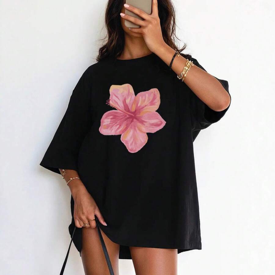 100% Pure Cotton Short-Sleeved T-Shirt, New Summer Style 2025, Casual And Elegant Floral Print, Loose And Informal Custom Top. - 黑色 - 查看 1
