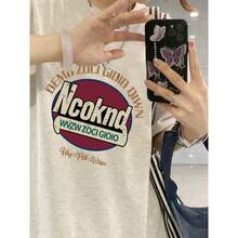 Camiseta de manga corta de algodón puro para mujer de talla grande, diseño de verano, estilo coreano y americano de nicho, corte holgado. - Negro - Ver 5