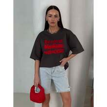 Camiseta de manga corta de algodón puro para el verano 2025, de diseño chique de nicho, de gran tamaño, con estampado de letras elaborado y elegante, a la moda. - Negro - Ver 4