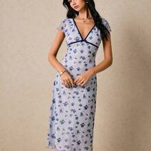 Women's Contrast Trim Cap Sleeve Fitted Midi Dress, Elegant Summer - Azul - Ver 4