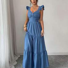 Elenzya Vestido largo de unicolor para mujer, vestido largo estilizante con cintura elástica y parches, elegante y de moda para uso diario, cenas y citas, primavera/verano - Azul - Ver 6