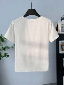 Playera de mujer 100% algodón manga corta con gráfico bordado de estilo café, estilo relajado urbano, cuello redondo, transpirable para verano, modelo versátil - Blanco - Ver 2