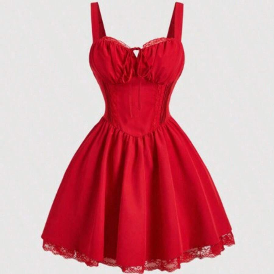 MOD Women's Pink & White Print Lace Trim Cami Strap Mini Dress With Criss-Cross Back, Summer Date Outfit, Valentine Day, Graduation Dresses, Spring/Summer Outfit, Women's Carnival Costume, Holiday Outfits, Floral Dress, Pink Dress, , Cottagecore Dress, Holidays, Birthday, Festival, Tea Party Dress, Picnic Outfit, Wedding Guest Dress For Women, Birthday - Rojo - Ver 1