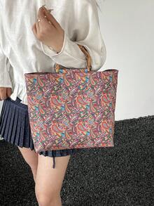 Bolso de mano de lona con estampado, de gran capacidad, con asa de bambú con diseño de flor de anacardo retro, bolso versátil para el transporte diario - Multicolor - Ver 9