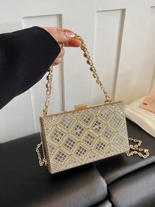 透明亚克力盒形包，流行晚餐包，斜挎链条包，小方包，时尚女士单肩包 - 金色 - 查看 6