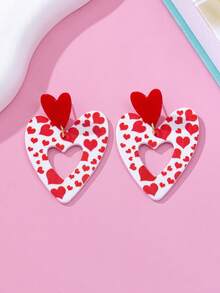 1 Pair Fashion Red & White Polka Dot Heart Pattern Acrylic Heart & Teardrop Dangle Earrings, Suitable For Daily Wear - Red - View 6