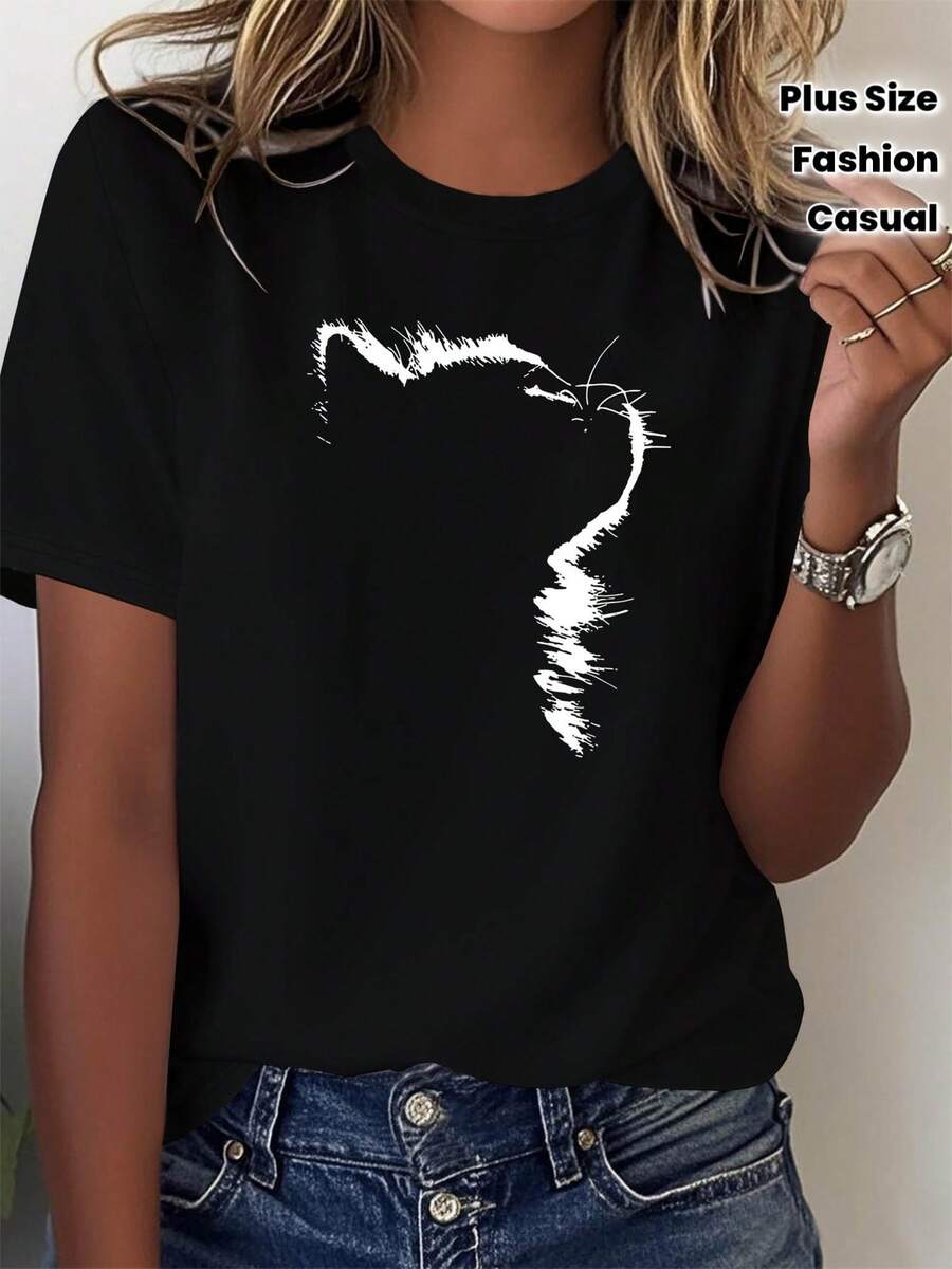Camiseta unisex de manga corta,--MinimalistaArtísticoConjunto de ropaCon características destacadasaGatoSiluetaImprimir,MujeresEleganteInformalCuello RedondoCamisetaparaPrimaveraYPlayeras de veranohombre, , , Dazymujer,romwehombres, bohochic,maestrasregalos,camisetaparaconjuntos de mujercon curvasparamu,y2k, - Negro - Ver 1