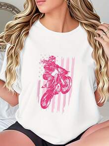 Women's Graphic T-Shirt For Cross-Country - American Style With Stars And S, Soft Breathable And Stretchy Fabric, Casual Round Neck For Summer, Sporty And Casual Fashion, Lavender Design, Comfortable Fit, Printed Top, Perfect For Fashion Lovers - 白色 - 查看 1