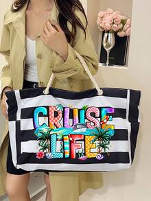 Cruise Life 條紋海灘托特包套裝，大容量帆布托特包附拉鍊收納袋，防水繩編手把，適合郵輪、海灘、旅行使用，可收納泳衣、毛巾、防曬乳及郵輪必需品，適合女性、女孩、旅行者與郵輪愛好者，完美適合作為夏季度假、生日與節日禮物，可用作郵輪包、海灘包、泳裝包與旅行收納包 - 彩色 - 查看 3