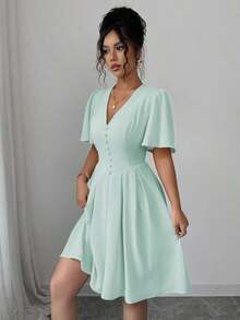 Vestido corto casual y elegante para mujer con cuello en V, mangas con volantes, botones decorativos en el bajo, cintura elástica, adecuado para primavera/verano, ir al trabajo, vacaciones, té de la tarde, fiestas - verde menta - Ver 3