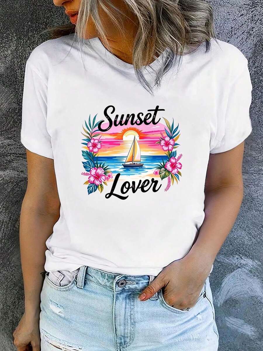 1 Women's Summer Short Sleeve T-Shirt With Print, Modern And Casual, Machine Washable, Comfortable Fit, 2D Flat Print, 180g, 100% Cotton. - 白色_02 - 查看 1