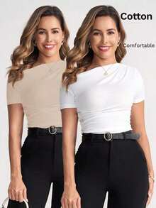 Camiseta de punto elástica de unicolor con hombro asimétrico y manga corta fruncida, multicolor, estilo carnavalesco, elegante para primavera/verano para mujeres - Albaricoque - Ver 2