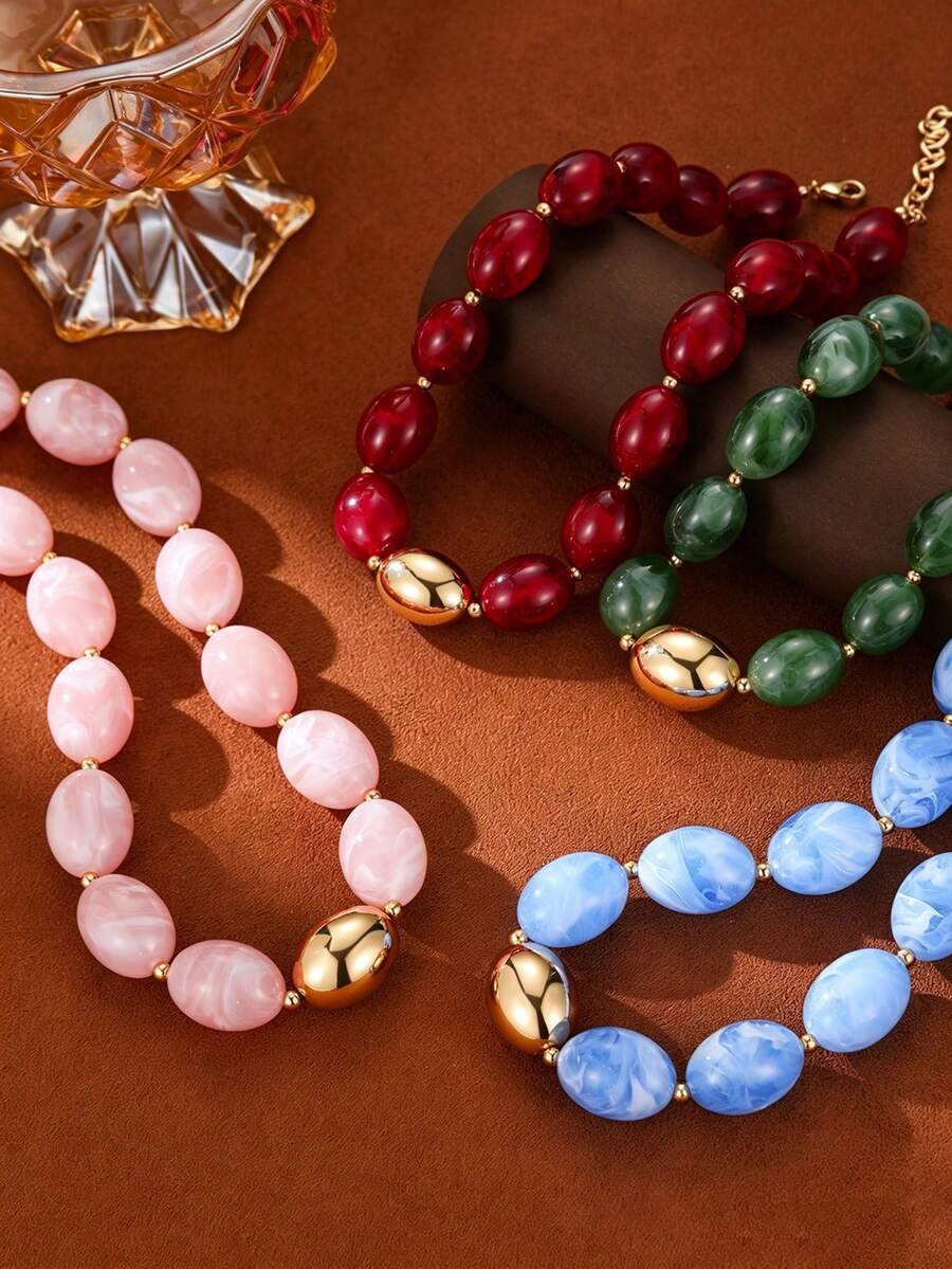 Collar de cuentas ovalado grueso vintage, collar de cuentas de acrílico con efecto tie-dye bohemio para mujer, adecuado para uso diario/fiesta de playa de verano/boda/banquete/vacaciones, regalo elegante de vacaciones para aniversario - cadena de cuentas ovaladas - Ver 1
