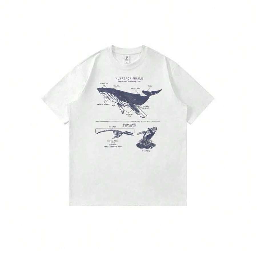 Camiseta unisex de manga corta informal de verano con estampado de dibujos animados de dibujos animados de ballena jorobada estilo anime Y2K - Blanco - Ver 1