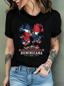 Camiseta de manga corta para mujer con estampado de mariposas, un regalo conmemorativo patriótico, un regalo de cumpleaños - Casual de primavera/verano - Camiseta de mujer - Negro - Ver 1