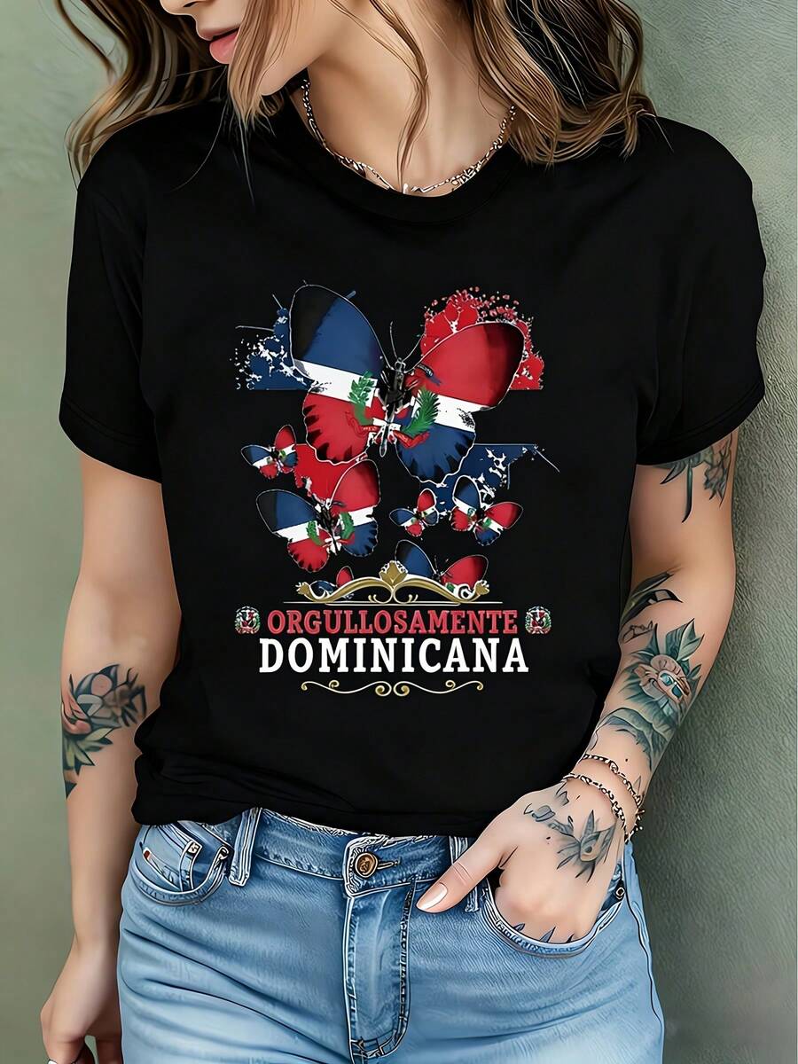 Camiseta de manga corta para mujer con estampado de mariposas, un regalo conmemorativo patriótico, un regalo de cumpleaños - Casual de primavera/verano - Camiseta de mujer - Negro - Ver 1