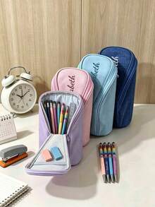 Customizable Text LOGO Personalized Name Large Capacity Vertical Pencil Case, Rainbow & Black Touchscreen Ballpoint Pen, Smartphone & Tablet Capacitive Stylus Pen, Vertical Large Capacity Design, Durable Canvas Material, Multiple Fresh Colors Available, Suitable For Students, College Students, Office Workers, Stationery Lovers, Classroom Learning, Office Desk Storage, Exam Preparation, Back To School Gift - Multicolor - View 3