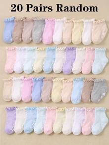 20/15/10/5/1 Paire de chaussettes mi-mollet à volants aléatoires pour bébés filles, tissu en maille cœur confortable, respirant, doux et élastique, chaussettes à semelle antidérapante en silicone cœur, convient pour les bébés filles de 0-36 mois, chaussettes de princesse, chaussettes de marche intérieure, style dopamine de couleur claire convient pour l'été, s'accorde avec diverses tenues, convient pour le port quotidien, les cadeaux et les fêtes d'anniversaire - Multicolore - Voir 15