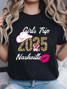 Nashville Girls Trip 2025 Nash Weekend Boots Booze Besties Camiseta Estampada Casual de Cuello Redondo y Manga Corta, Cómoda para Primavera y Verano, Ropa de Mujer - Negro - Ver 7