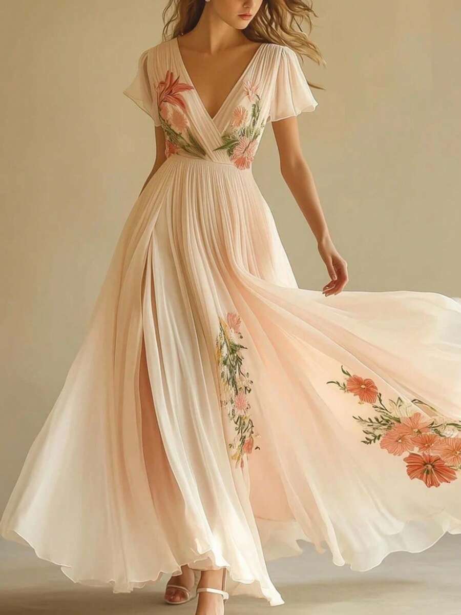 Vestido largo elegante de moda mujer cuello V manga corta estampado digital localizado estilo europeo - Rojo - Ver 1
