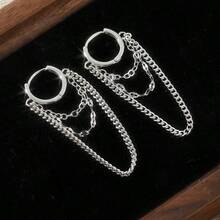 Vintage Tassel 3-Chain Pendant Earrings, Delicate Lip Chain Earring Necklace Hoop Earrings For Women & Teenagers - Silver - View 6