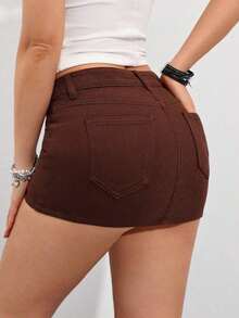 Falda vaquera mini casual, sexy y ceñida de moda para el verano para mujeres - Marrón - Ver 2