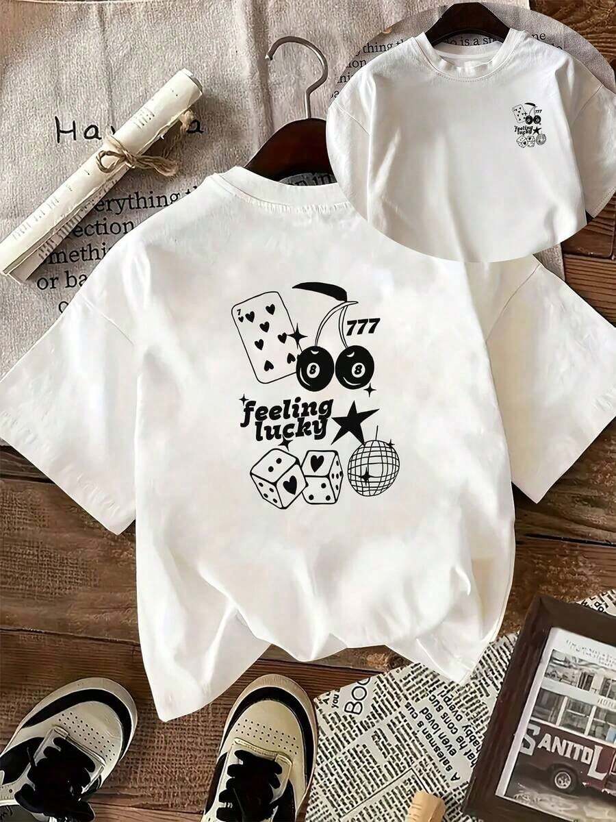 Camisetas de Verano [Estampado de Doble Cara] Camiseta de Mujer, Top Casual de Manga Corta y Cuello Redondo, Con un Patrón Combinado de Naipes, Cerezas, Dados, 777 y Bolas de Discoteca, Lavable a Máquina, Adecuada para Uso Casual, Ropa Multiusos, Camiseta de Moda, Material Cómodo, Atuendo para Entusiastas del Estilo 2026 Country Concert |   Diseño exquisito |   Suelto y cómodo |   Fácil de combinar | - Blanco - Ver 1
