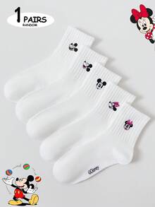 Disney 5雙迪士尼刺繡白色米奇米妮唐老鴨中筒女襪，休閒時尚百搭，適合日常穿著 - 白色 - 查看 5