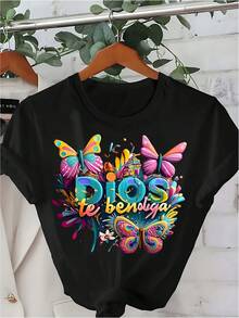 Camiseta de mujer de cuello redondo, manga corta casual, con creencia religiosa, ramo de letras simples, camiseta de manga corta con estampado de moda para primavera y verano - Negro - Ver 1