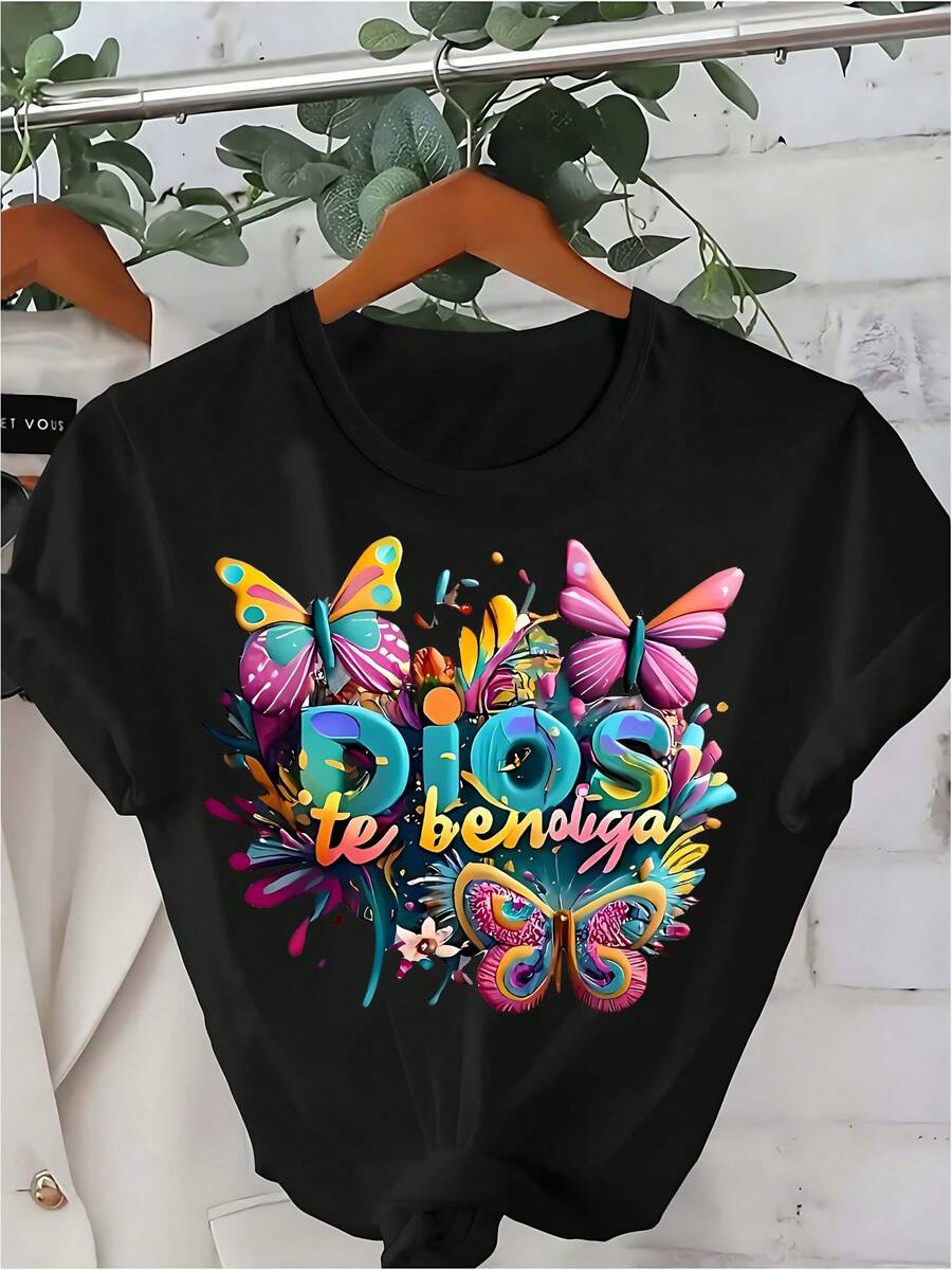 Camiseta de mujer de cuello redondo, manga corta casual, con creencia religiosa, ramo de letras simples, camiseta de manga corta con estampado de moda para primavera y verano - Negro - Ver 1