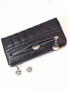 Plaid Solid Color Embroidered Long Wallet, 1pc PU Handheld Multi-Function Card Holder Pouch Delicate Zipper Coin Purse, Compact & Fashionable, Suitable For All Occasions, Holiday Gift - Black - View 7
