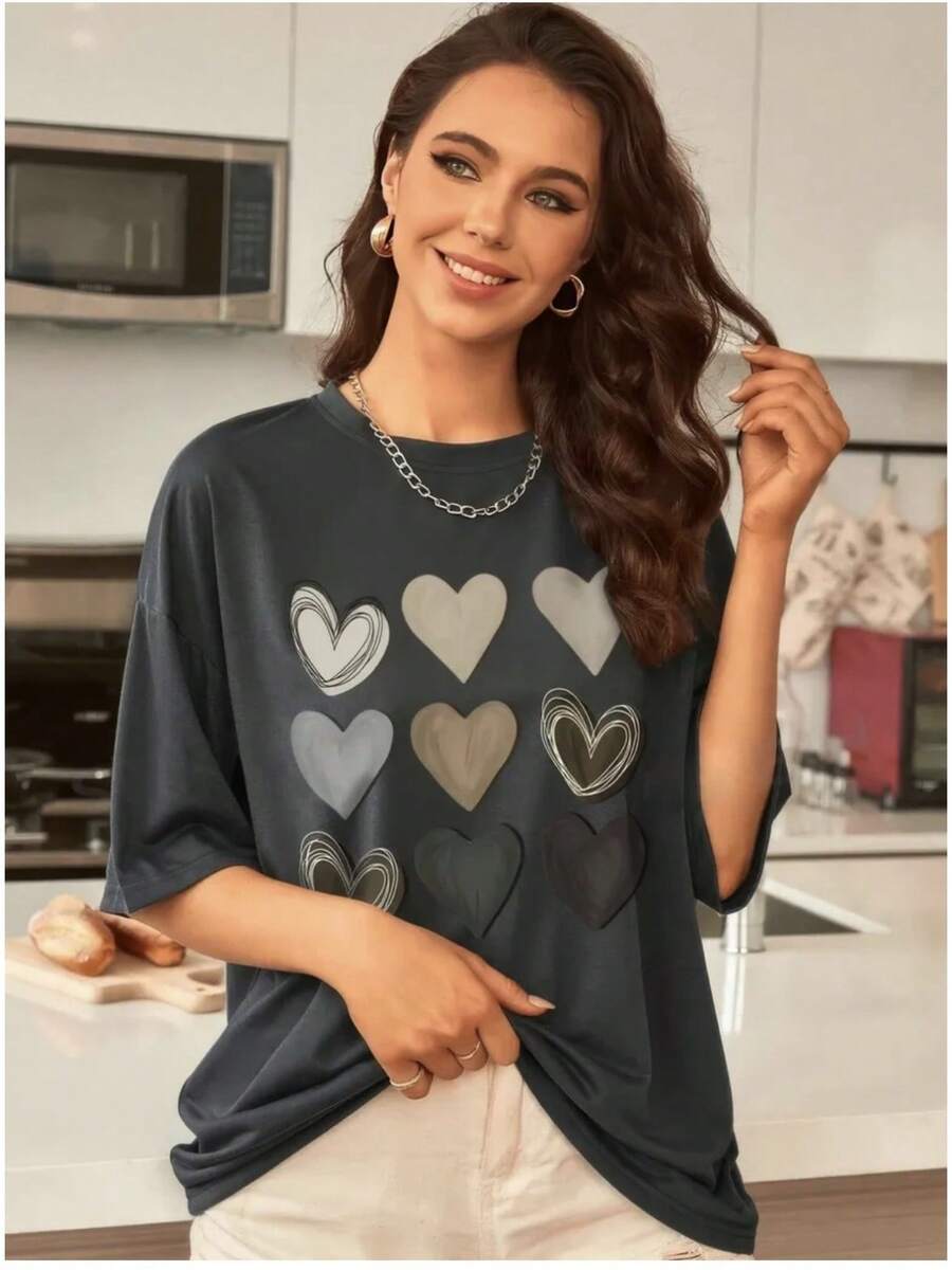 Camiseta de Mujer con Estampado de Corazón, Divertida, de Manga Corta para Verano - Negro - Ver 1