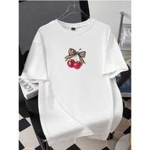 Camiseta casual para mujer, 100% algodón puro, holgada, versátil, estampada, de manga corta, divertida, linda y juvenil. - Negro - Ver 3