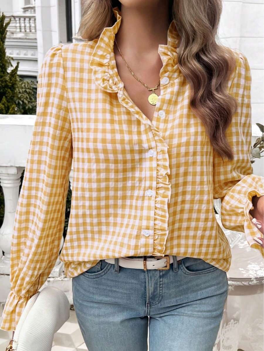 Kemeja Wanita Lengan Panjang Regular Fit Motif Kotak-kotak Kuning dengan Ruffle dan Kancing Depan, Sempurna untuk Pakaian Kasual Musim Gugur. Musim Kembali ke Sekolah. - Kuning - View 1