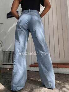 SJD MODA LADY Wide Leg Jeans For Young People, Women's Wide Leg Jeans, Flare Jeans, Mom Jeans Without Elastane, Ripped Cut Hem, Straight, Casual, Simple, Sensual, Skinny, With Button Zippket, Trendy Top Jeans, Romantic, Retro, Casual, Chic, University, Minimalist, Versatile, Korean, Y2k, Teenager, Youth - 淺色水洗藍 - 查看 3