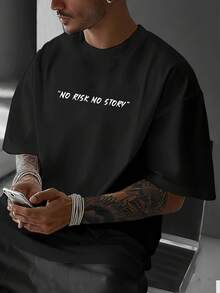 Camiseta con estampado de águila, con el eslogan "NO RISK NO STORY" impreso, transpirable y cómoda, diseño de hombros ligeramente caídos, cuello redondo, hecha de fibra de poliéster transpirable. CKDJ - Negro - Ver 10