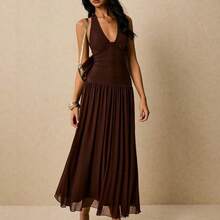 Women's Polka Dot Print Casual Sleeveless Long Dress - Marrón - Ver 5