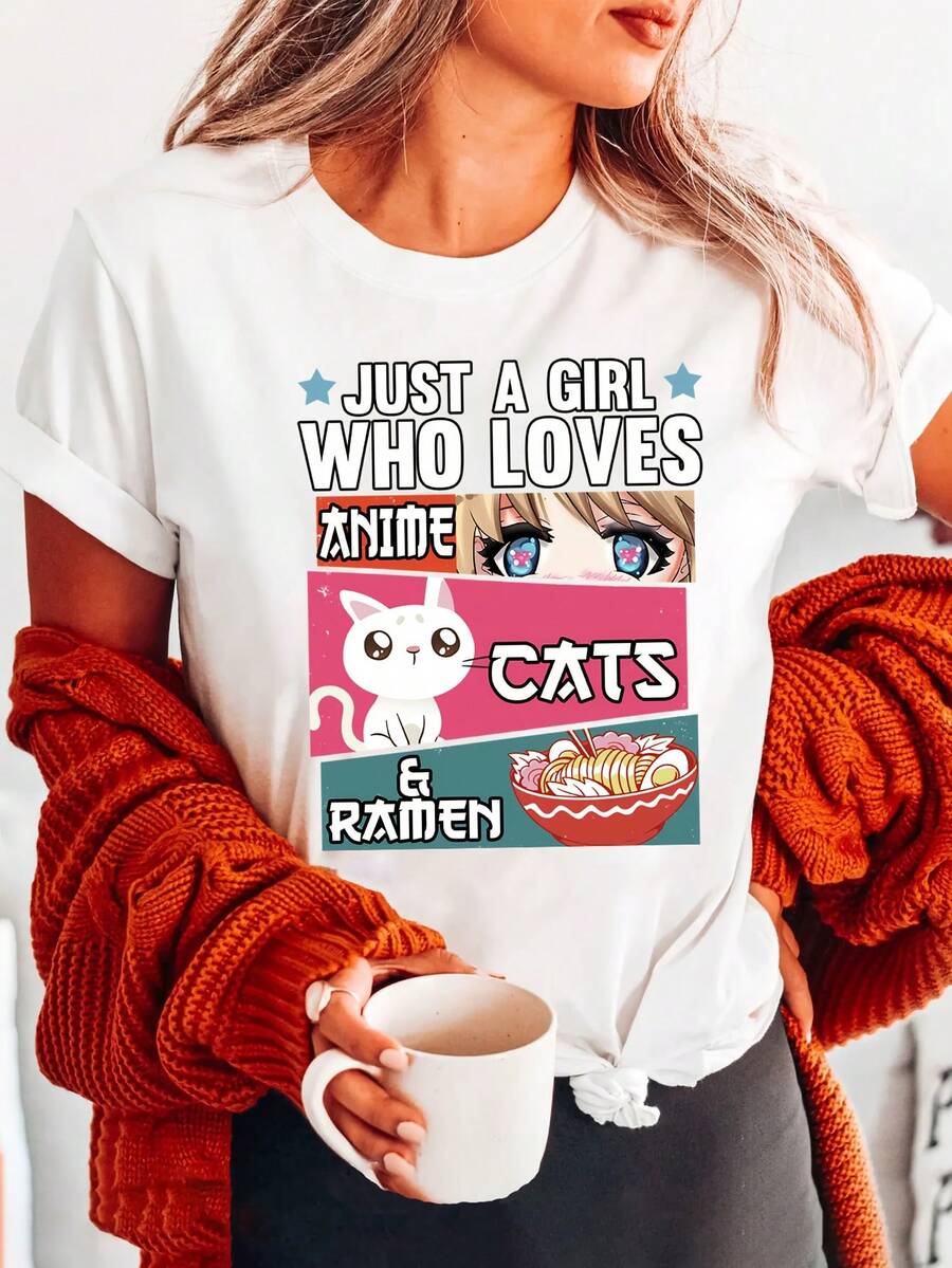 Women's Anime T-Shirt With Cat And Ramen - Print "Only One Who Loves Anime, Cats & Ramen", Round Neck Short Sleeve Casual, Lightweight Semi-Sheer Fabric For Summer, Machine Washable, Comfortable Clothing, Fun Design, Breathable Fabric - 白色 - 查看 1