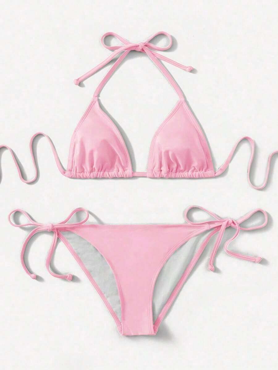 Women's Simple Solid Color Swim Bikini With A Halter Neck And Cutout, Suitable For Beach Vacations And Summer. - Pale Pink - View 1